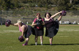 From L to R are Marilyn Wann, Heather MacAllister and Sondra Solovay, members of the Bod Squad, a group of cheerleaders composed of fat women who perform in public to promote the pro-fat acceptance movement.   The pro-fat acceptance movement promotes body-acceptance and fitness at any size. It fights to eliminate discrimination based on body size and provide fat people with the tools for self-empowerment